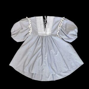 Aakaa Dress Women Medium Blue White Stripe Flowy Pom Pom Crochet Embellished NWT